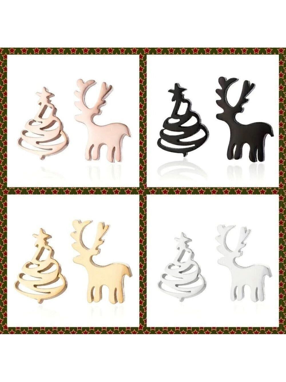 Tiny Reindeer and Christmas Tree Stainless Steel Stud Small Earrings #1144